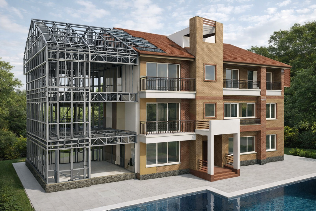 villa in progress with pool view