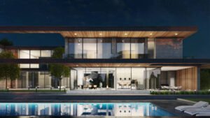 modern house exterior scene with furniture 2d drawing a1 size 3d model